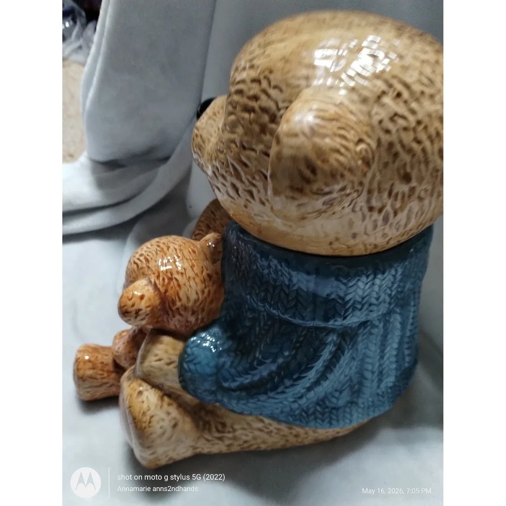 Cresco China Teddy Bear Mother and‎ Cub Ceramic Cookie Jar Blue Sweater